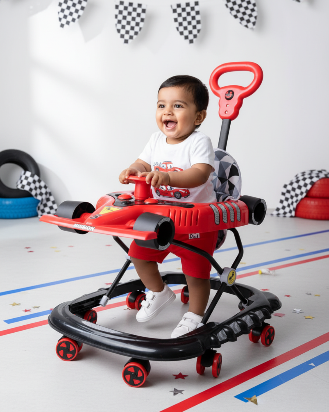Kurb Toys F1 Baby Walker with Adjustable Height, Music Tray & Parent Handle