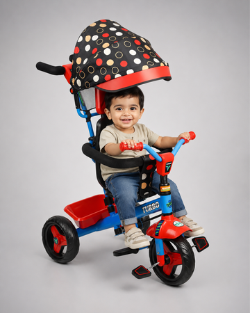 Kurb Toys Kids Tricycle with Parental Push Handle | Foldable Canopy & Storage Basket