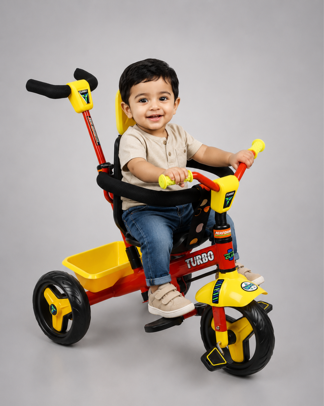 Kurb Toys Kids Tricycle with Parental Push Handle, Canopy & Safety Guard
