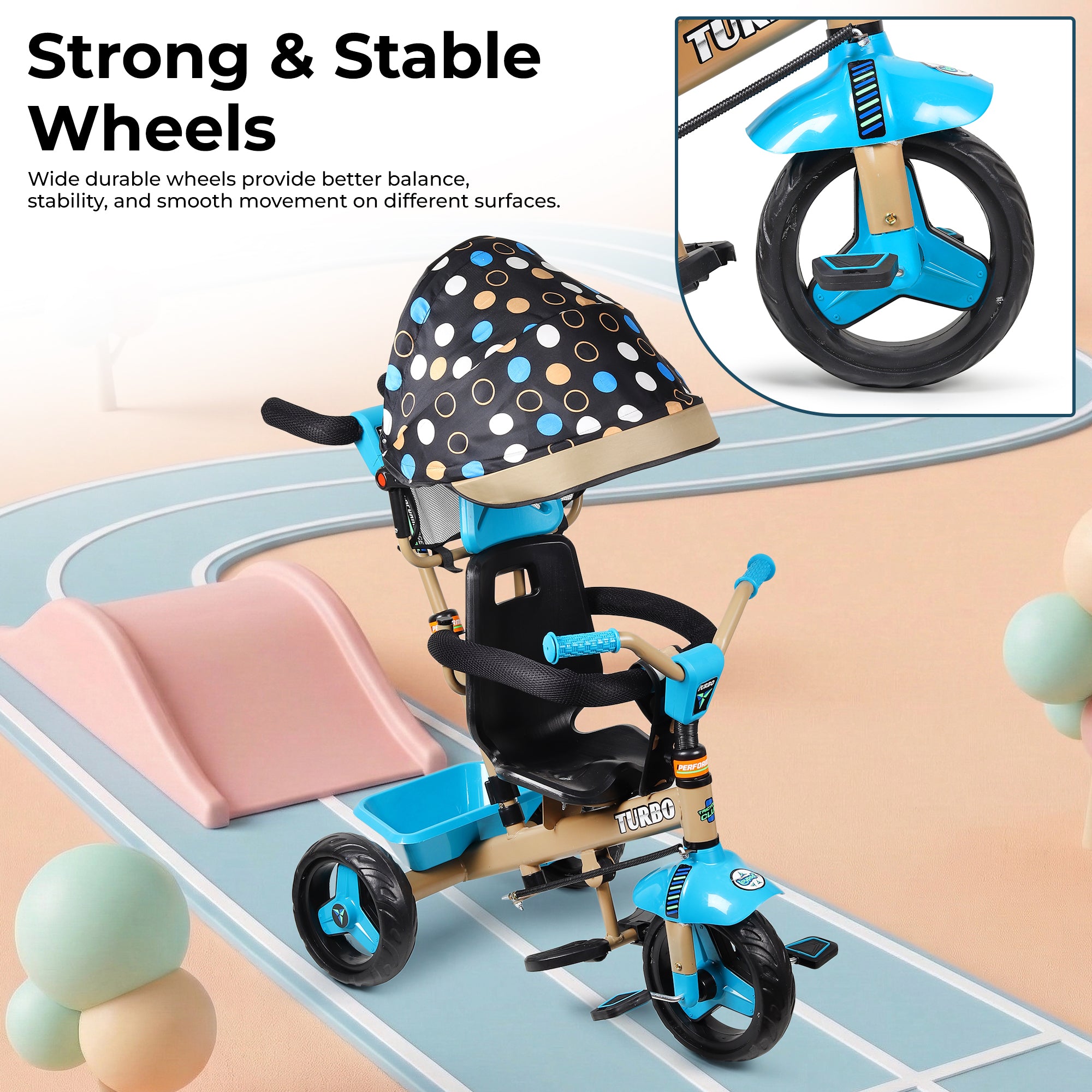 Kurb Toys Kids Tricycle with Parental Push Handle | Foldable Canopy & Storage Basket