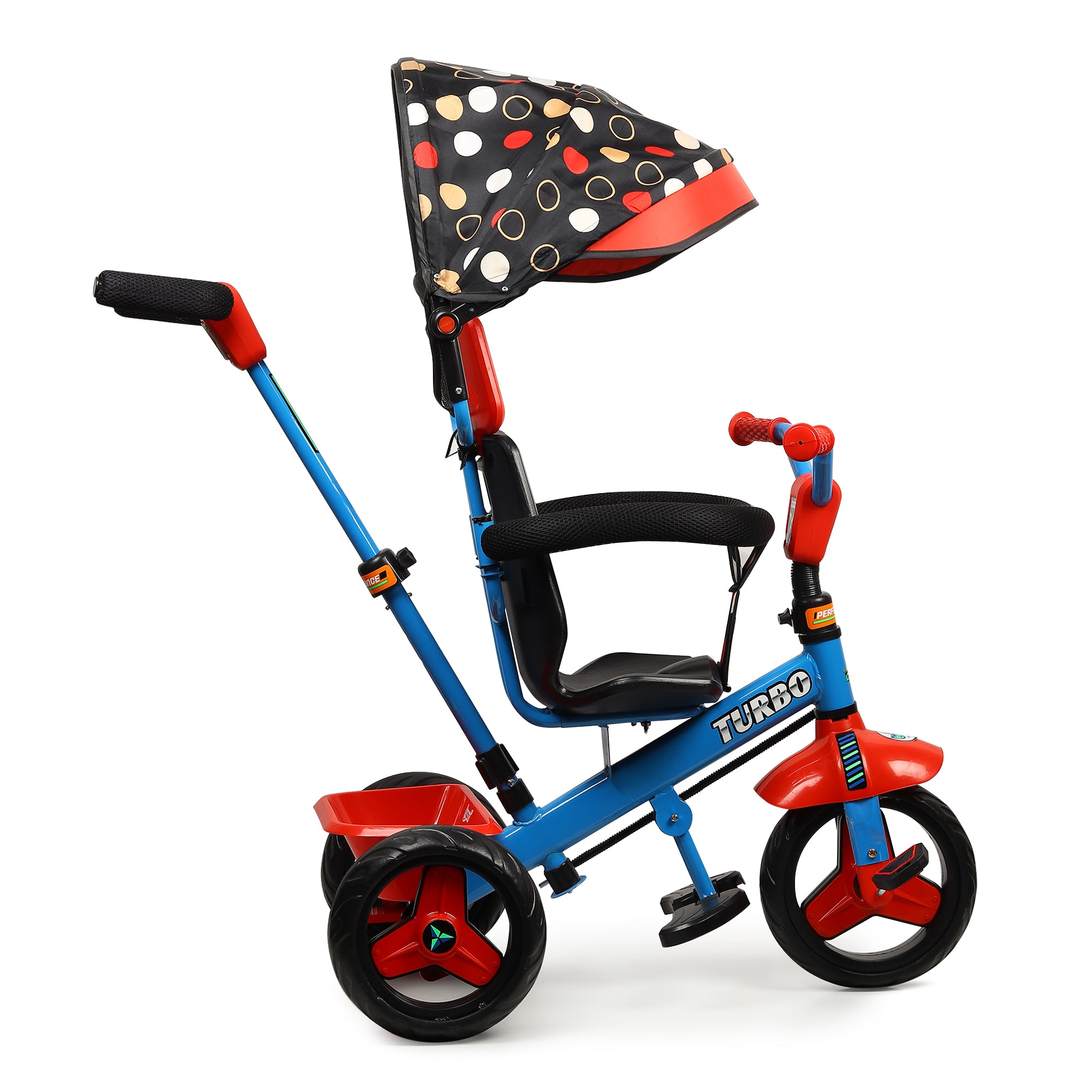 Kurb Toys Kids Tricycle with Parental Push Handle | Foldable Canopy & Storage Basket