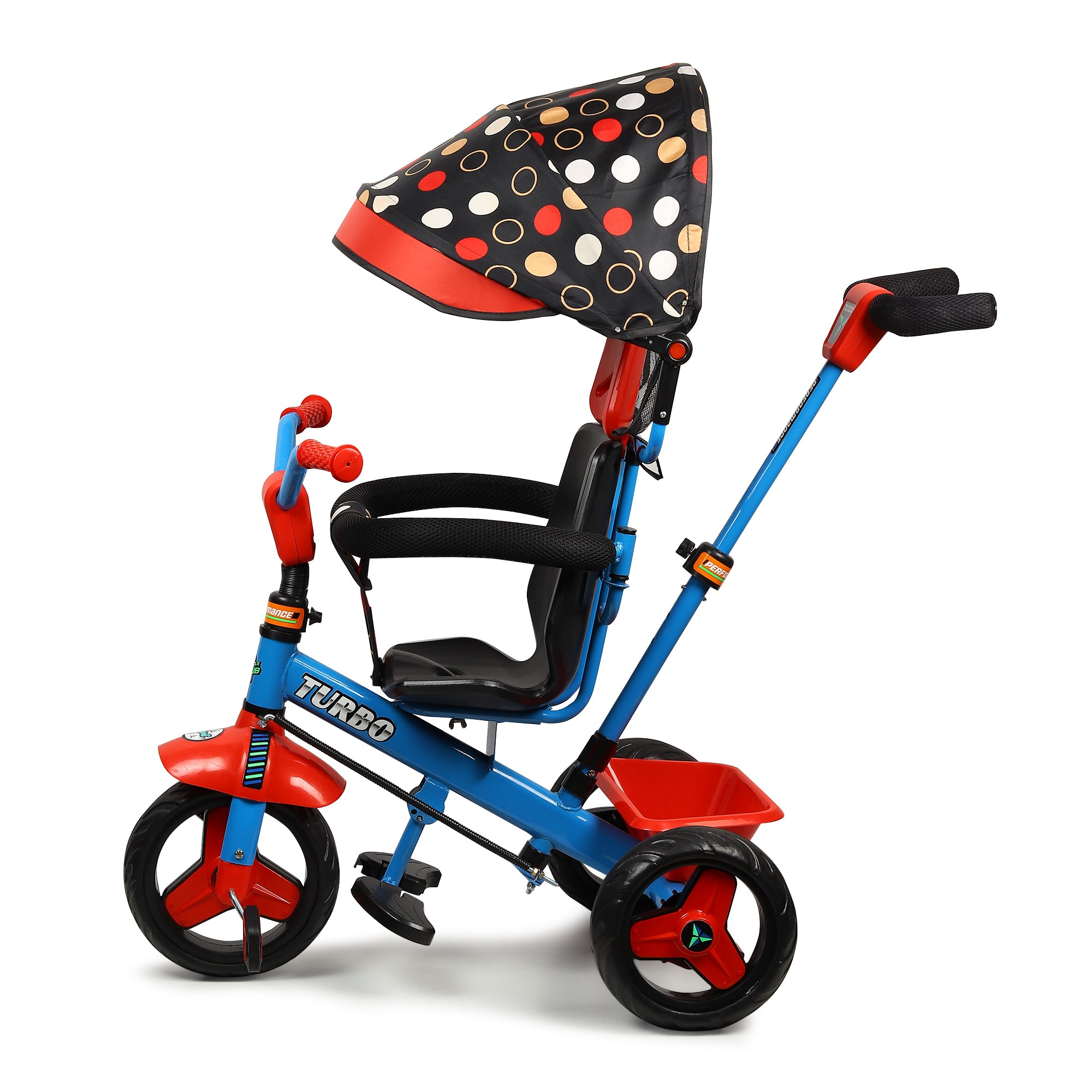 Kurb Toys Kids Tricycle with Parental Push Handle | Foldable Canopy & Storage Basket