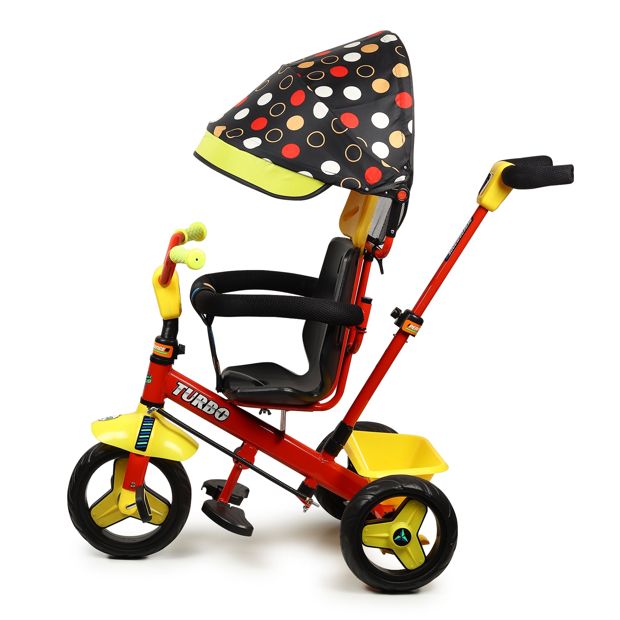 Kurb Toys Kids Tricycle with Parental Push Handle | Foldable Canopy & Storage Basket