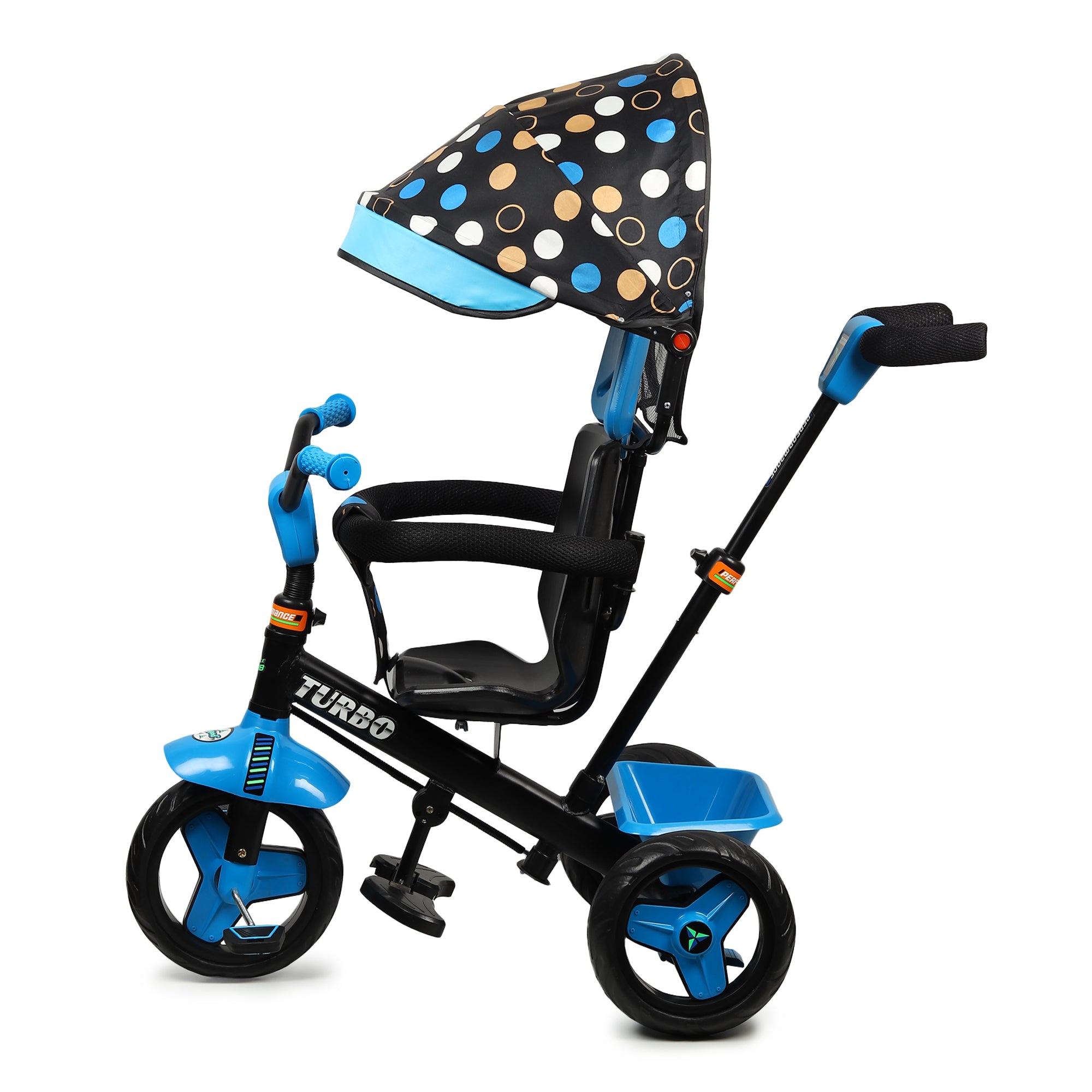 Kurb Toys Kids Tricycle with Parental Push Handle | Foldable Canopy & Storage Basket
