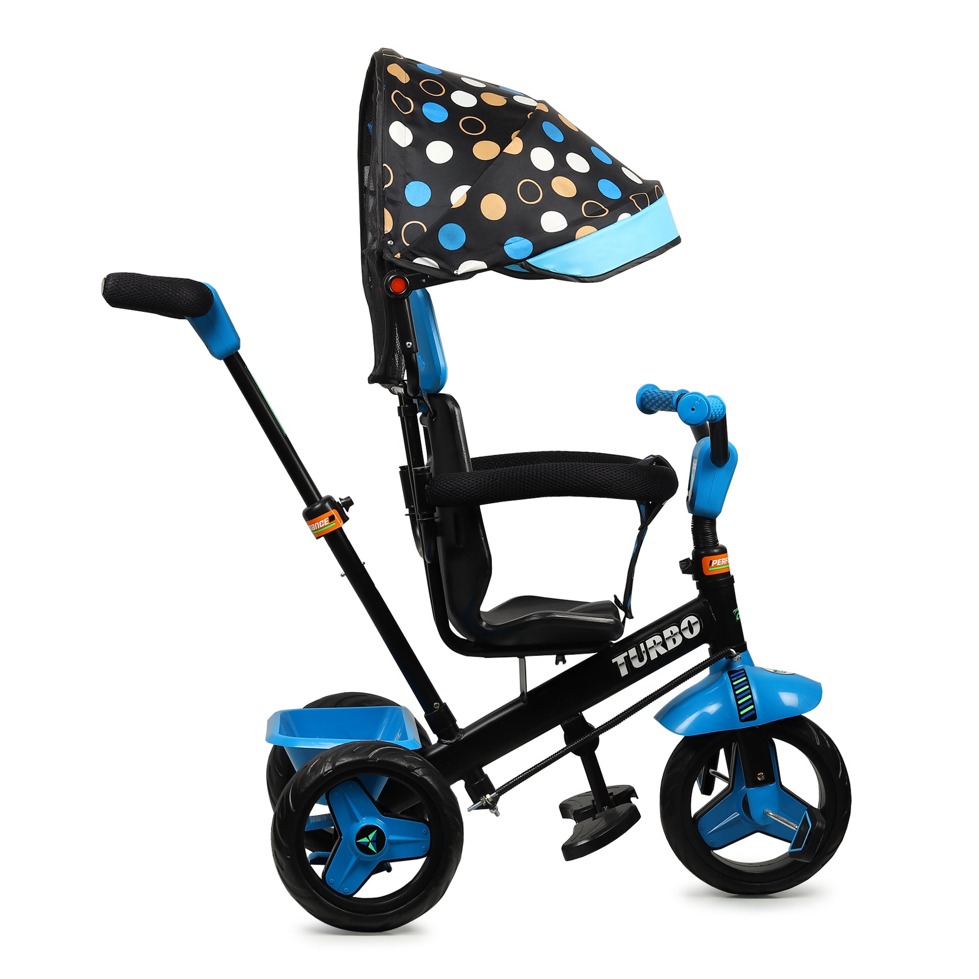 Kurb Toys Kids Tricycle with Parental Push Handle | Foldable Canopy & Storage Basket