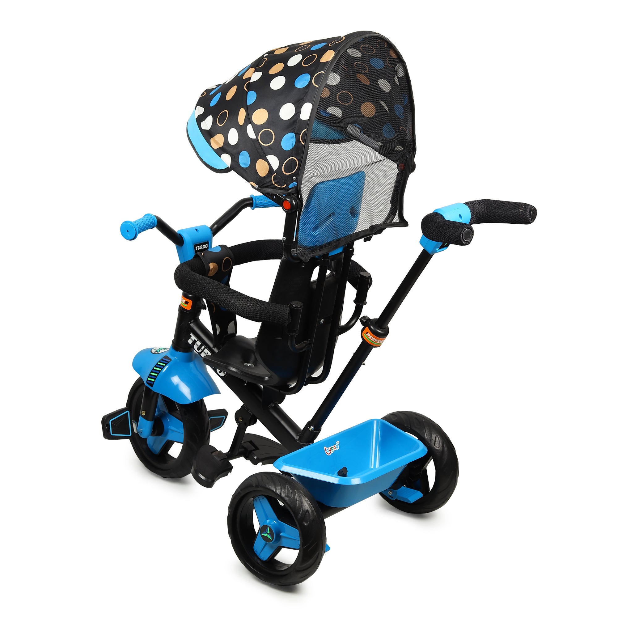 Kurb Toys Kids Tricycle with Parental Push Handle | Foldable Canopy & Storage Basket