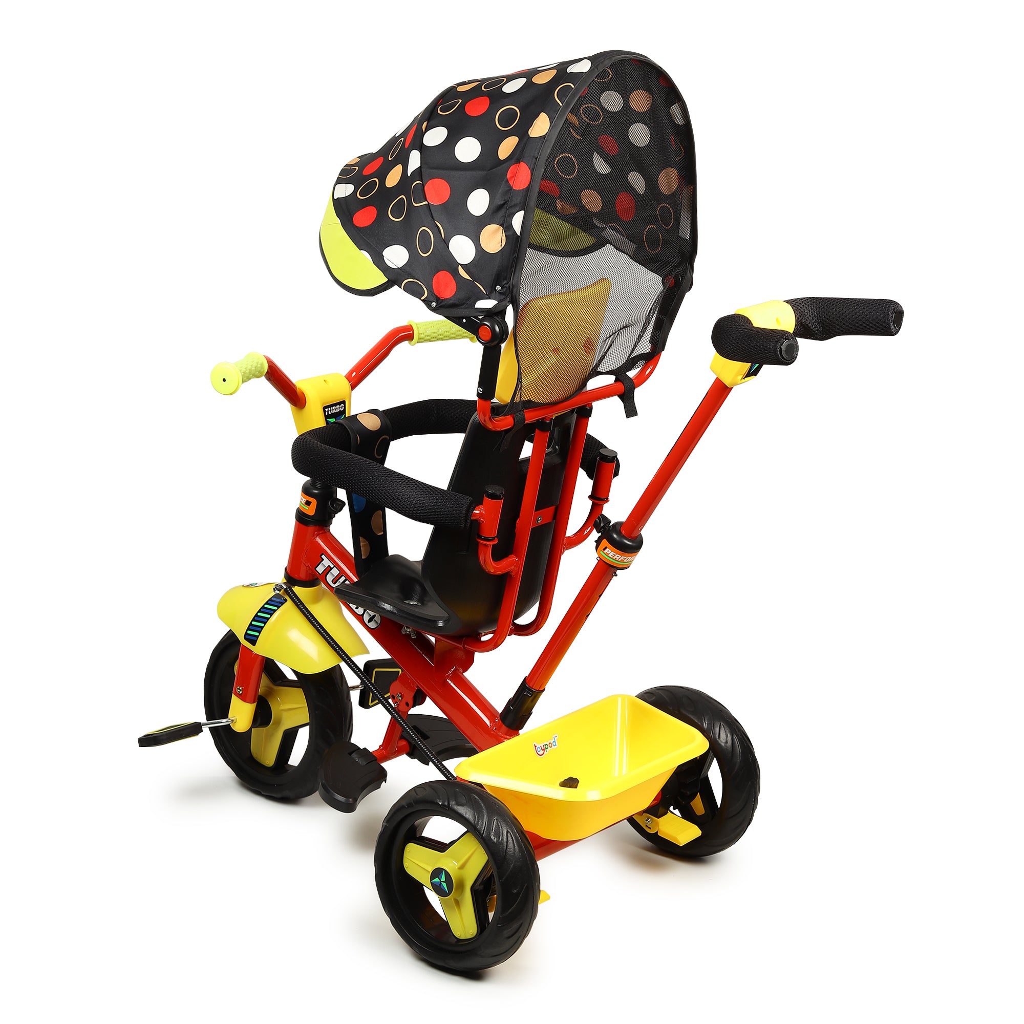 Kurb Toys Kids Tricycle with Parental Push Handle | Foldable Canopy & Storage Basket