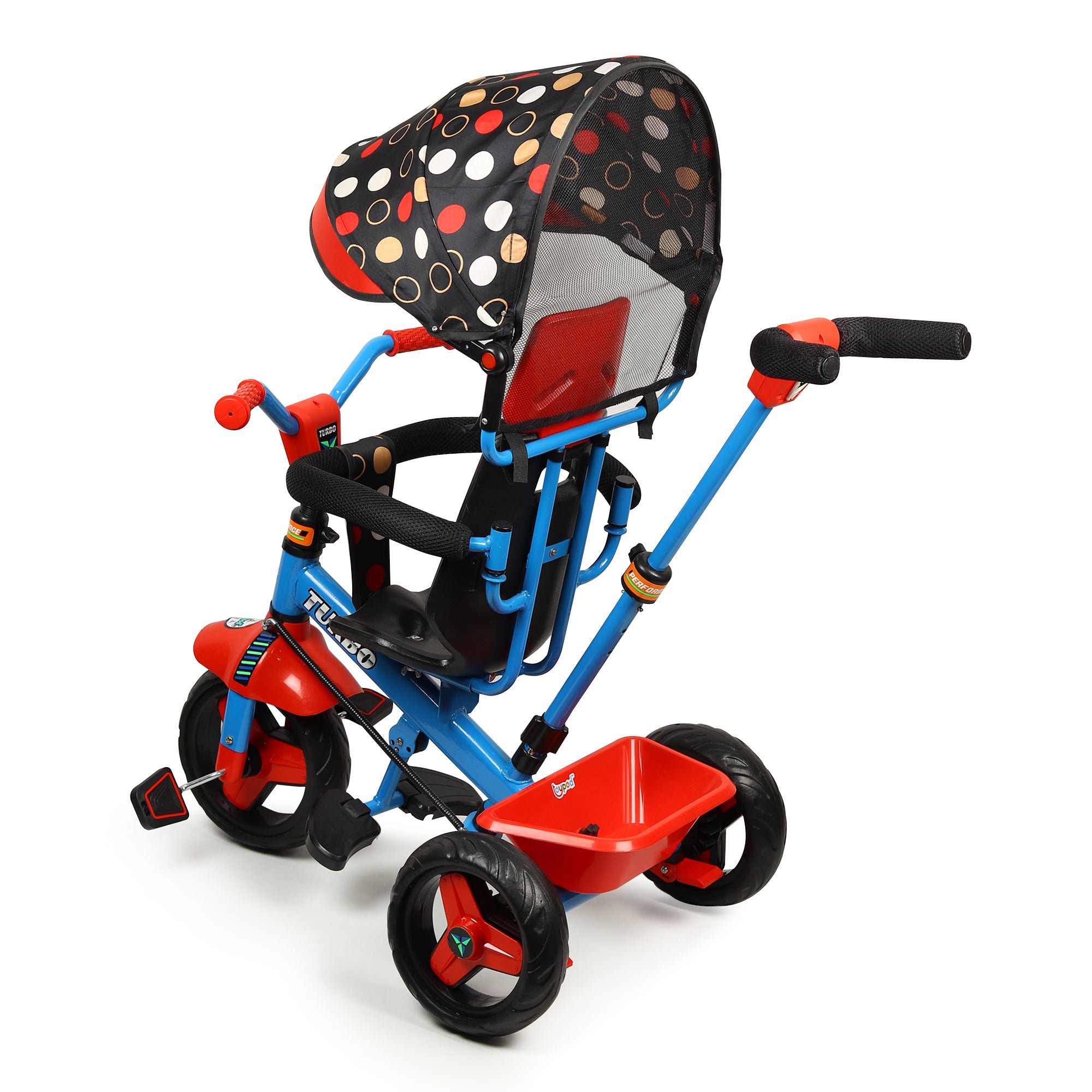 Kurb Toys Kids Tricycle with Parental Push Handle | Foldable Canopy & Storage Basket