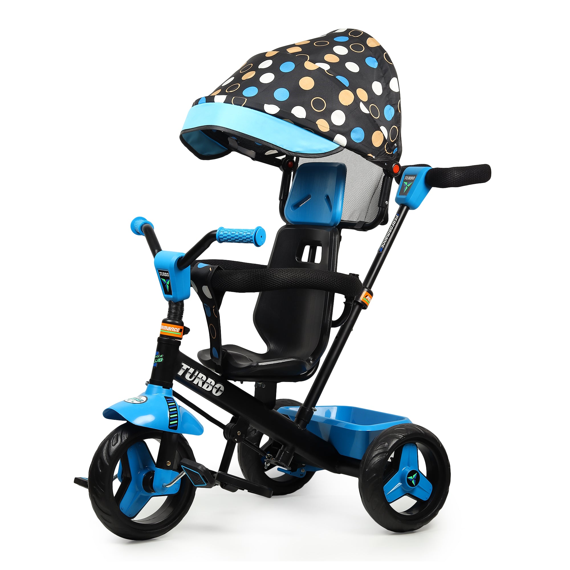 Kurb Toys Kids Tricycle with Parental Push Handle | Foldable Canopy & Storage Basket