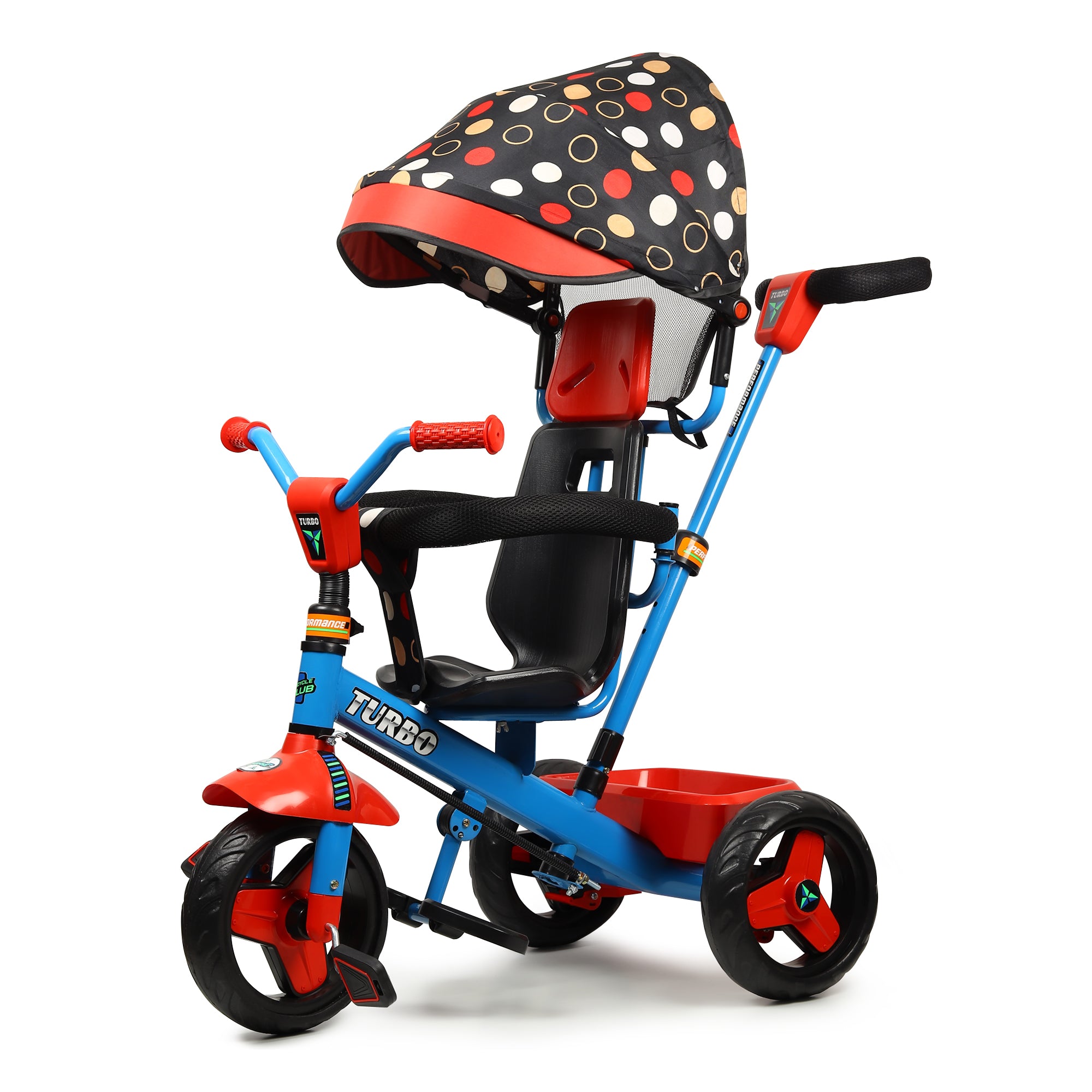 Kurb Toys Kids Tricycle with Parental Push Handle | Foldable Canopy & Storage Basket